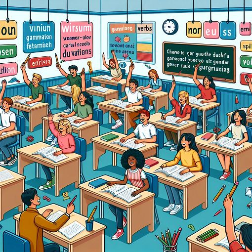 Create an image of a classroom setting with students happily participating in a grammar quiz, colorful posters on the wall about nouns, verbs, and punctuation marks, pencils and papers spread on the desks.