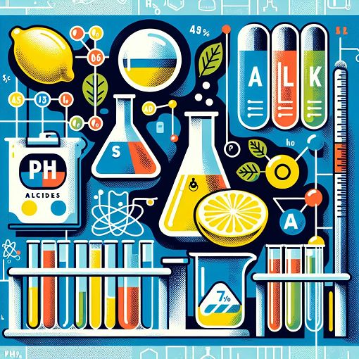 A colorful illustration depicting acids and alkalis, with vibrant imagery of lemons, baking soda, and universal pH indicators, set against a laboratory background.