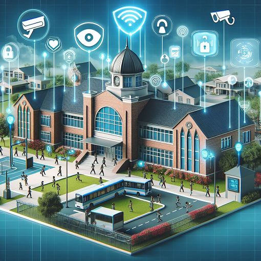 An engaging illustration of a modern school with various monitoring devices and alerts, emphasizing safety and technology in facility management.