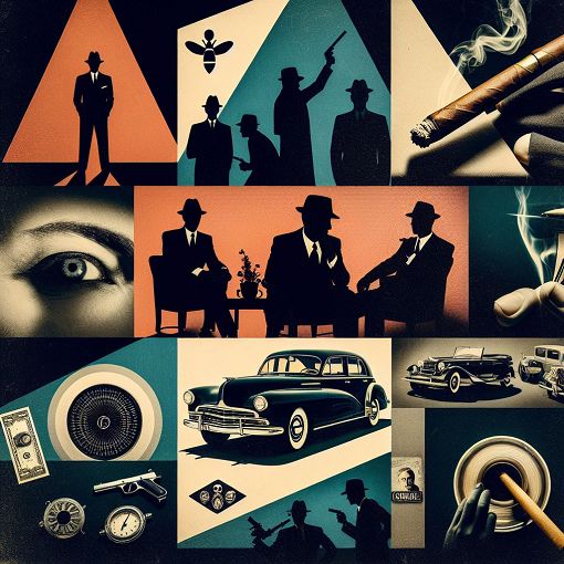 A vibrant collage featuring iconic scenes from gangster movies, including elements from The Godfather, Goodfellas, Scarface, and The Sopranos, styled in a cinematic atmosphere with dramatic lighting.