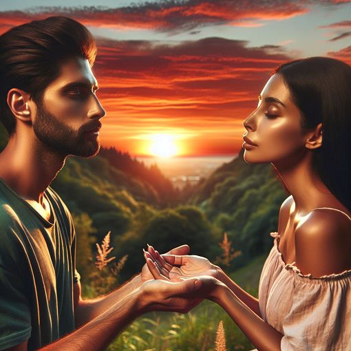 A serene couple enjoying a sunset together, emphasizing love, trust, and healthy communications, warm colors, natural setting