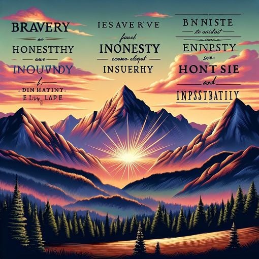 An inspirational collage of quotes on courage, integrity, and self-reflection, with a serene background of mountains and sunrise.