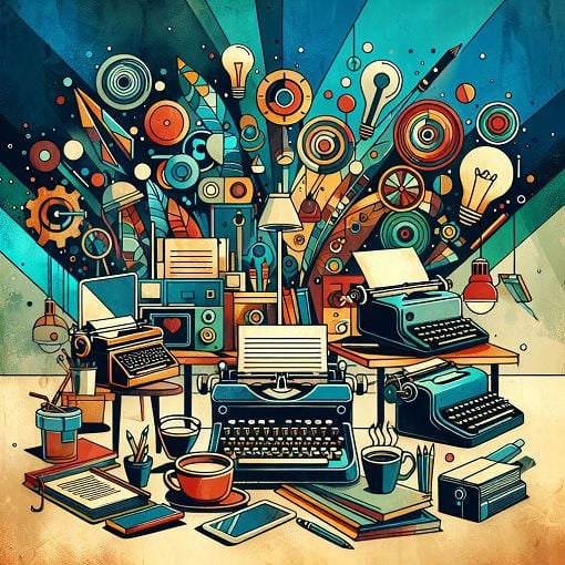 A creative and colorful illustration featuring various screenwriting tools like laptops, typewriters, and coffee cups, with abstract representations of storytelling elements in a modern office setting, inspired by the style of HBO's Succession series.