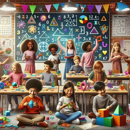 A vibrant classroom scene featuring children engaging with colorful math tools, including shapes, fractions, and mathematical symbols, set against a backdrop of inspiring educational posters.