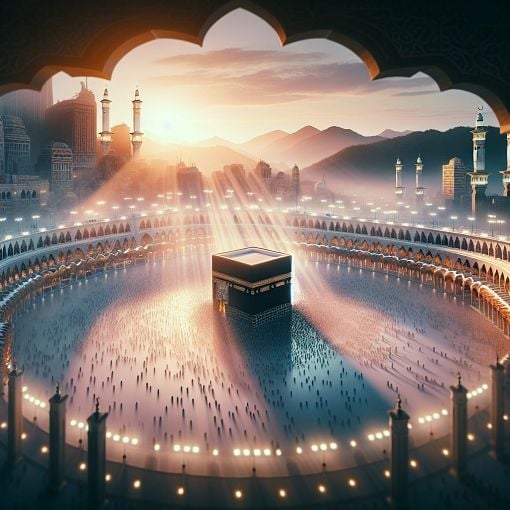 Create an image of a serene and beautiful landscape depicting the historic city of Makkah, with gentle sunrise lighting illuminating the Kaaba, and an ethereal representation of knowledge and faith through soft light, to capture the essence of the Seerah of Prophet Muhammad (PBUH).