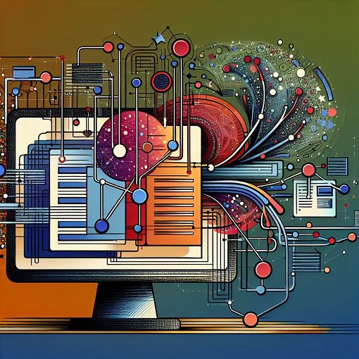 A vibrant and modern illustration of a computer screen displaying a database with interconnected nodes, documents, and charts, symbolizing data management and analysis in organizations.