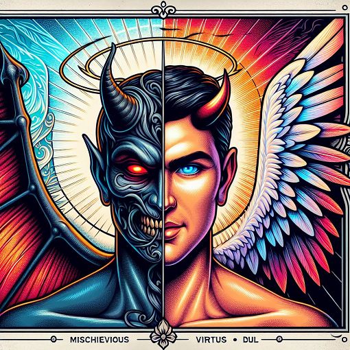 Create an engaging and colorful illustration depicting a split image of a devil and an angel, symbolizing the choice between mischievous and virtuous personality traits. Include elements like wings, a halo, and horns to enhance the contrast.