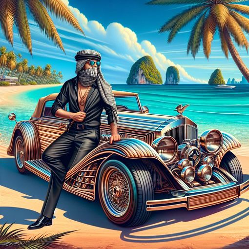 Generate an illustration of a cool character wearing a black shirt, a unique hat, standing next to a luxurious car, with a tropical beach background, hinting a fun and adventurous vibe.