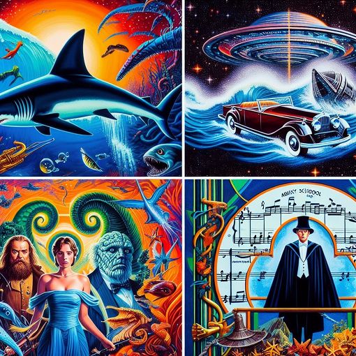 An artistic collage representing famous film scores by John Williams, featuring Jaws, Star Wars, Harry Potter, and Indiana Jones in a vibrant and musical design.