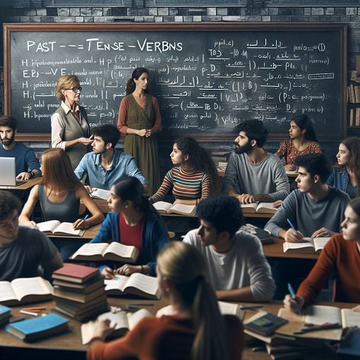 A classroom setting with students taking a quiz on past tense verbs, with images of books and a chalkboard in the background.