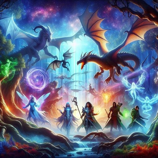 A vibrant fantasy landscape featuring mythical creatures like dragons, enchanted forests, and ethereal beings, with a diverse group of adventurers in heroic poses.