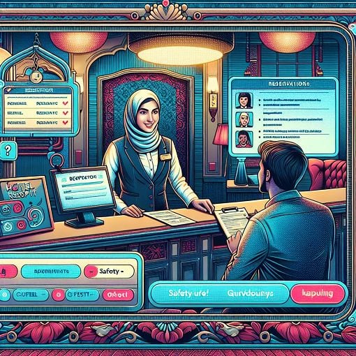 A vibrant and engaging illustration of a hotel reception with a quiz overlay, featuring elements like a guest checking in, reservation papers, and digital devices displaying guidelines.