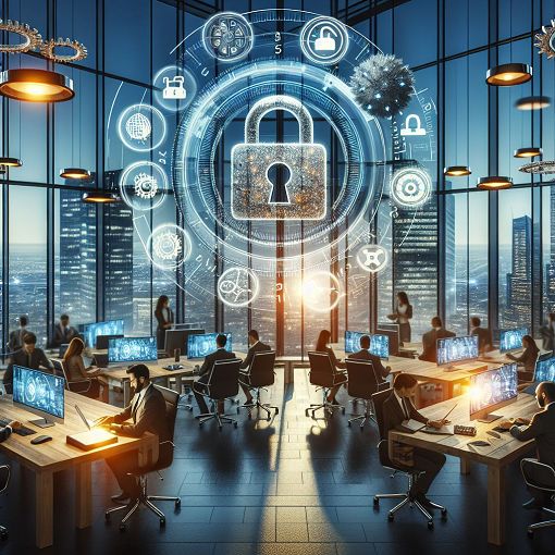 Create an image depicting a modern security system, integrating locks, digital technology, and a corporate office setting, showcasing ASSA ABLOY's brand values within a technological context.