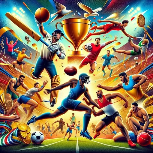 Create an engaging and colorful illustration of various sports such as cricket, football, athletics, and wrestling, with iconic symbols like medals and trophies in the background.