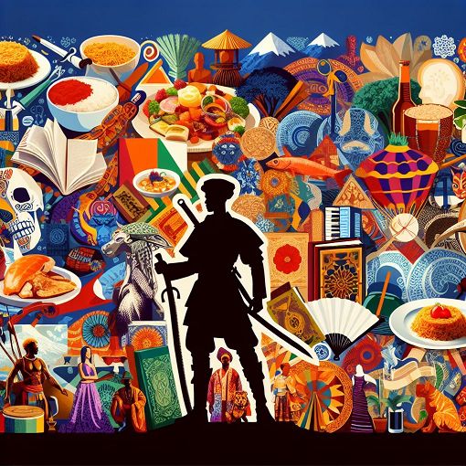 A vibrant and colorful collage representing different literary genres, dishes, and cultural elements, with a hero character from an epic poem in the background.