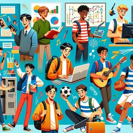 A vibrant and playful illustration featuring diverse male characters from a high school environment, showcasing various qualities and interests in a colorful and engaging design.