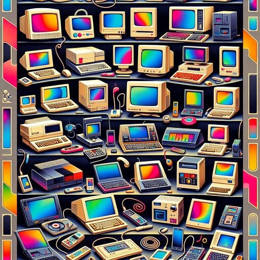 A whimsical illustration depicting various types of computers and technology, showcasing both classic and modern devices in a colorful and engaging style.