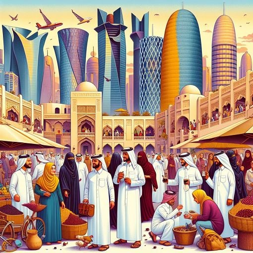 A vibrant scene capturing the essence of Qatar, including the skyline of Doha, traditional Qatari culture, and people enjoying various activities.