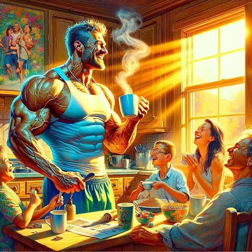 A vibrant illustration of a football player, resembling a famous athlete, in a home setting enjoying a morning routine with coffee and family, bright sunlight pouring in through a window.