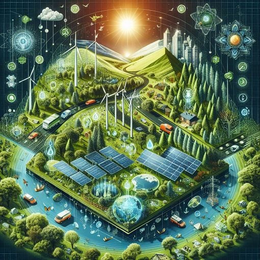 A visually engaging graphic illustrating sustainable management practices, featuring elements like green technology, renewable resources, and environmental conservation.