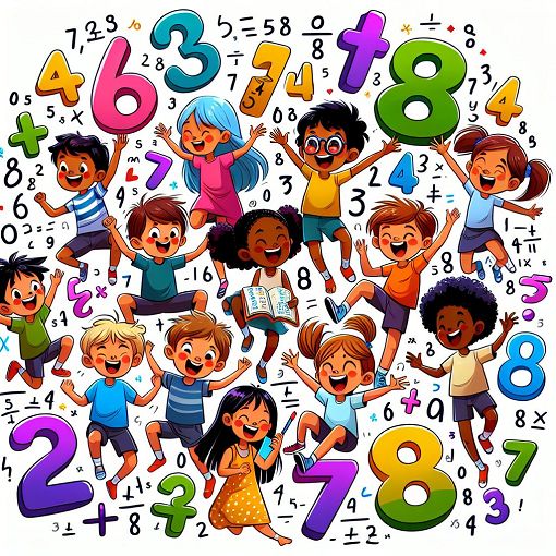 A colorful and engaging illustration of children happily solving multiplication problems, with numbers and equations floating around them in a fun, cartoonish style.