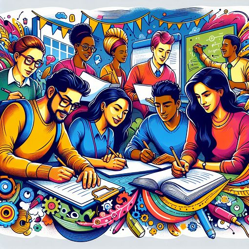 A vibrant illustration showing people writing, brainstorming, and collaborating in a classroom or workshop setting, emphasizing writing skills and learning.