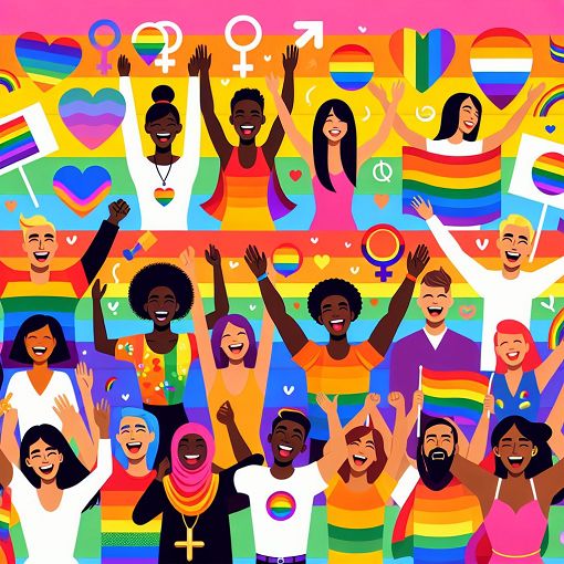 A colorful and engaging illustration representing diversity within the LGBTQ+ community, featuring symbols of pride and acceptance, with people of various backgrounds celebrating together.