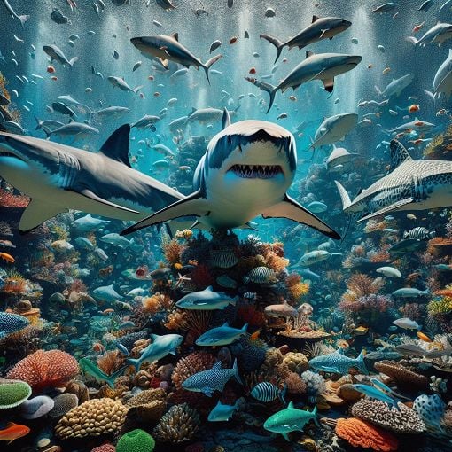 A vibrant underwater scene showcasing various shark species swimming together, including a Great White, Mako, and Epaulette shark, with colorful coral and marine life surrounding them.