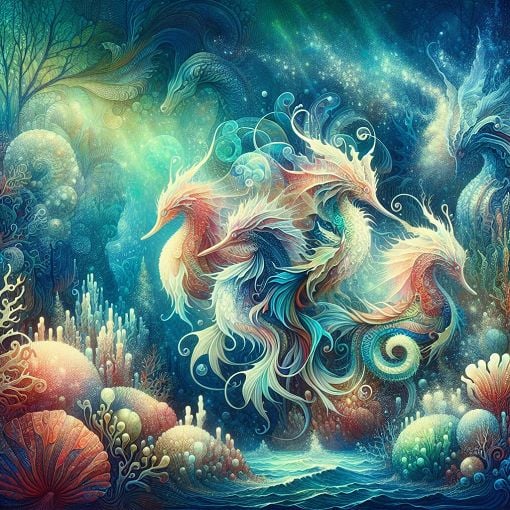 Create a vibrant and whimsical underwater scene featuring a variety of characters inspired by mythical sea creatures, with a magical and colorful oceanic backdrop.