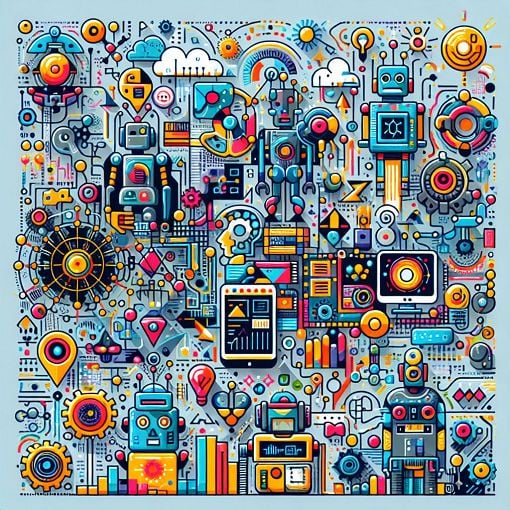 An engaging illustration of artificial intelligence concepts, including robots, algorithms, and futuristic technology, in a vibrant color palette.