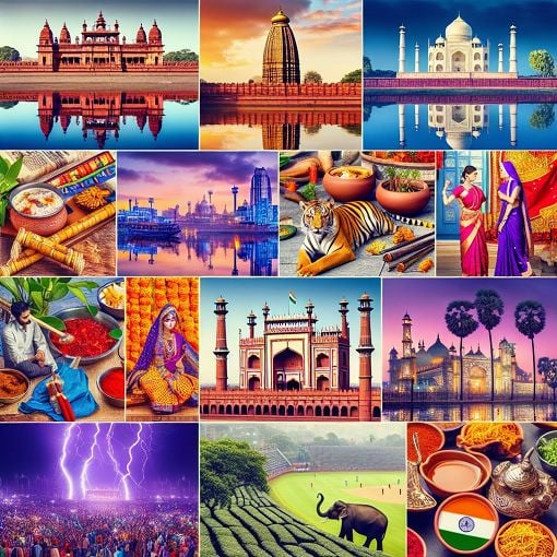 A colorful collage portraying various aspects of Indian culture, including landmarks, famous leaders, and traditional elements, in a visually appealing and educational manner.