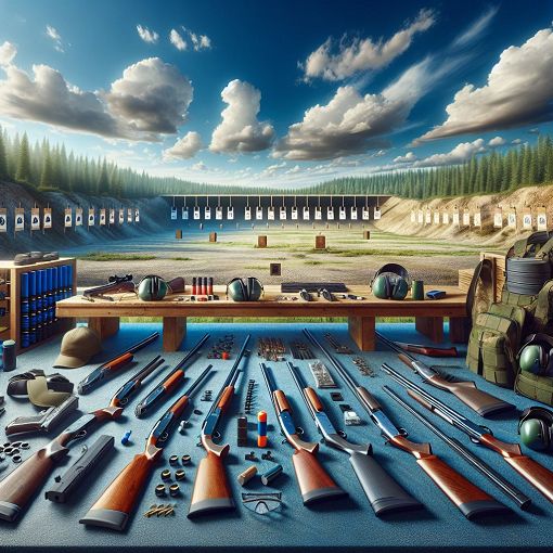 A beautifully designed shooting range landscape with shotguns, safety gear, and a bright blue sky, depicting safe shooting practices and a welcoming environment.