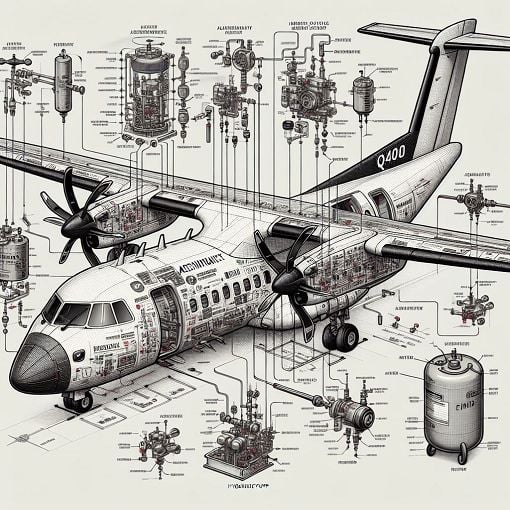 A detailed and educational illustration of a Q400 aircraft highlighting hydraulic systems, with labeled components and a technical schematic style.