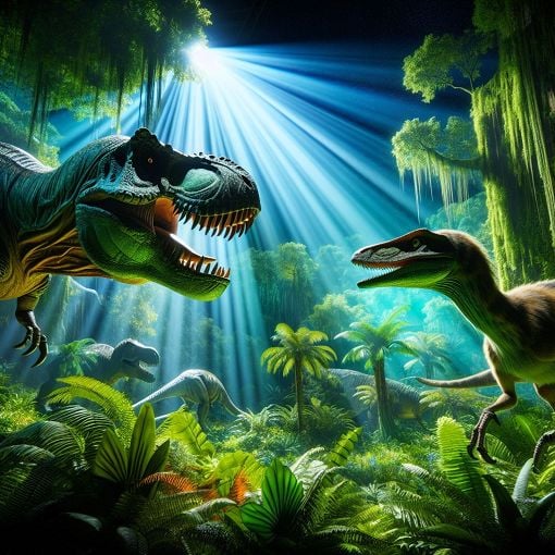 A vibrant and dynamic scene featuring dinosaurs in a lush jungle setting, reminiscent of Jurassic Park, with a focus on a T-Rex and a Velociraptor, capturing the thrill and adventure of the franchise.