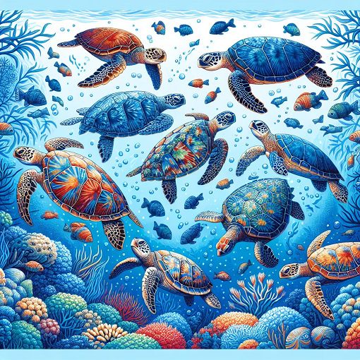 An illustration of various sea turtles swimming in vibrant blue ocean water, each turtle representing different personality traits, with colorful coral and sea plants around them.