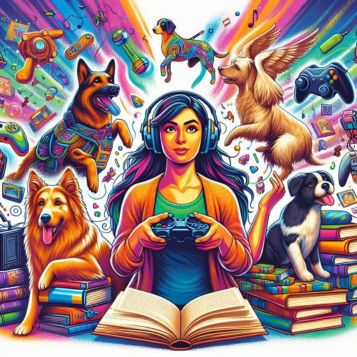 Create a vibrant and colorful illustration of a person surrounded by their favorite things, including dogs, gaming equipment, and books, embodying a playful and whimsical atmosphere.