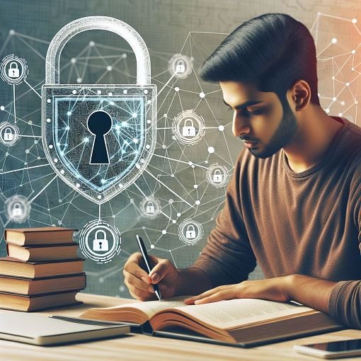 Create an educational-themed illustration featuring elements of cybersecurity, encryption (like a padlock), and computer networks, showcasing a student studying or participating in a quiz environment.