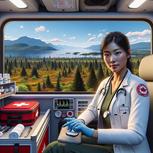 Create an illustration of a paramedic in an ambulance responding to an emergency call, with visuals of the Ontario landscape and symbols of medical care.