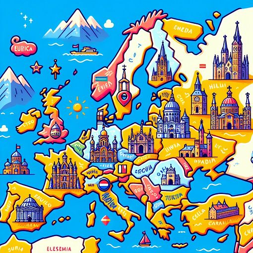 A colorful map of Europe highlighting the capitals of different countries, with iconic landmarks, in a playful and educational style.