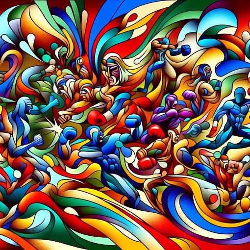 An abstract illustration of the Fighting Game Community, featuring iconic characters and vibrant colors, with a humorous twist.