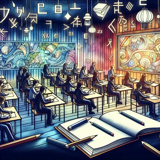 A colorful illustration of a classroom setting with students taking a quiz, featuring elements like books, pencils, and language symbols.