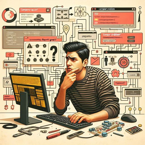 Create an engaging illustration for a computer problem quiz, featuring a computer with various diagnostic tools, error messages, and a person looking puzzled while interacting with technology. The background should include elements of coding and troubleshooting graphics.