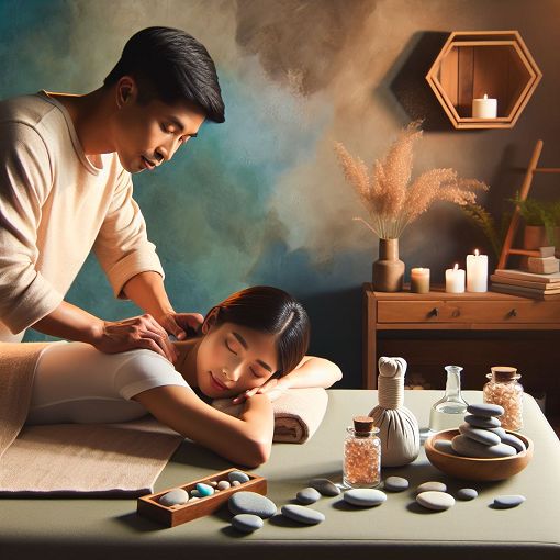 Create an image of a massage therapy session, featuring a serene environment, a massage therapist applying gentle techniques to a client, with calming colors and soft lighting.