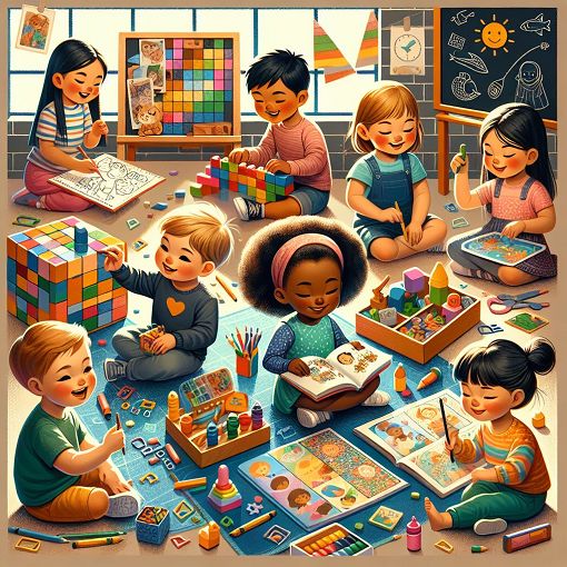 A colorful and engaging classroom scene with children playing and learning, featuring diverse materials that promote early childhood development and inclusion.