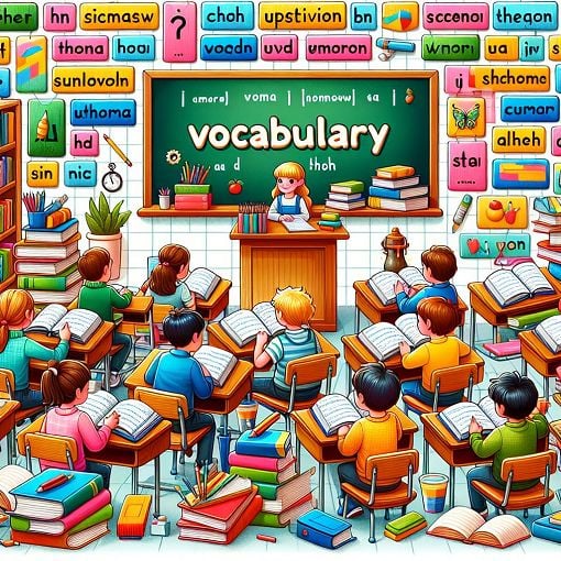 A vibrant and colorful illustration depicting a classroom setting with students engaged in learning vocabulary, surrounded by books and word formation charts.