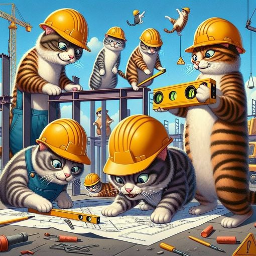 A cartoonish illustration of various cats wearing hard hats and engaging in funny construction-themed activities, depicting a lively workplace atmosphere.