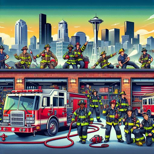 A vibrant image capturing the essence of a fire station in Seattle, featuring firefighters in action, the iconic skyline, and elements of rescue and teamwork.