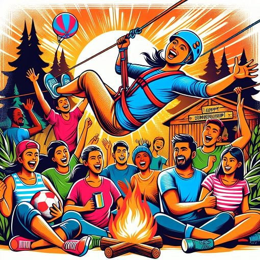 A vibrant and colorful illustration of a diverse group of campers engaging in various camp activities like ziplining, gaga ball, and sitting around a campfire, showcasing a sense of community and fun at summer camp.