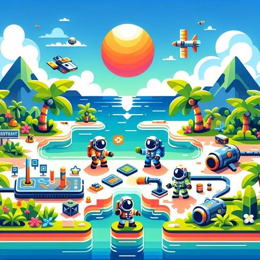 A colorful illustration of Among Us characters on a tropical island, engaging in various activities, with a playful and vibrant atmosphere.