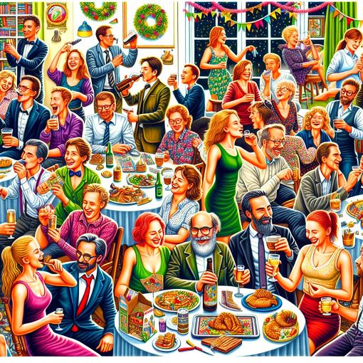 A vibrant and playful illustration of a group of friends enjoying a party, with colorful decorations and a variety of activities that reflect different personalities and interests.